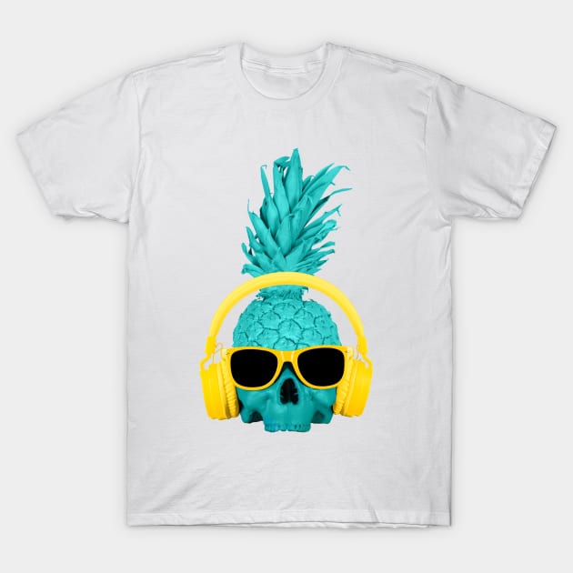 Pineapple skull in yellow headphones and glasses T-shirt. T-Shirt by DAVID COVID 19 T-Shirt